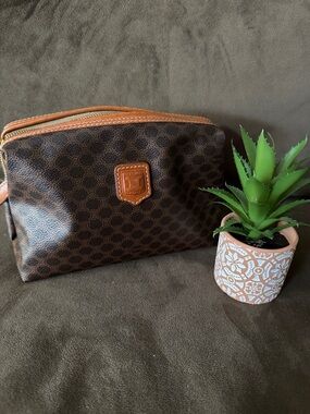 Celine Brown Monogram Toiletry Pouch with Tan Trim Vintage Like New